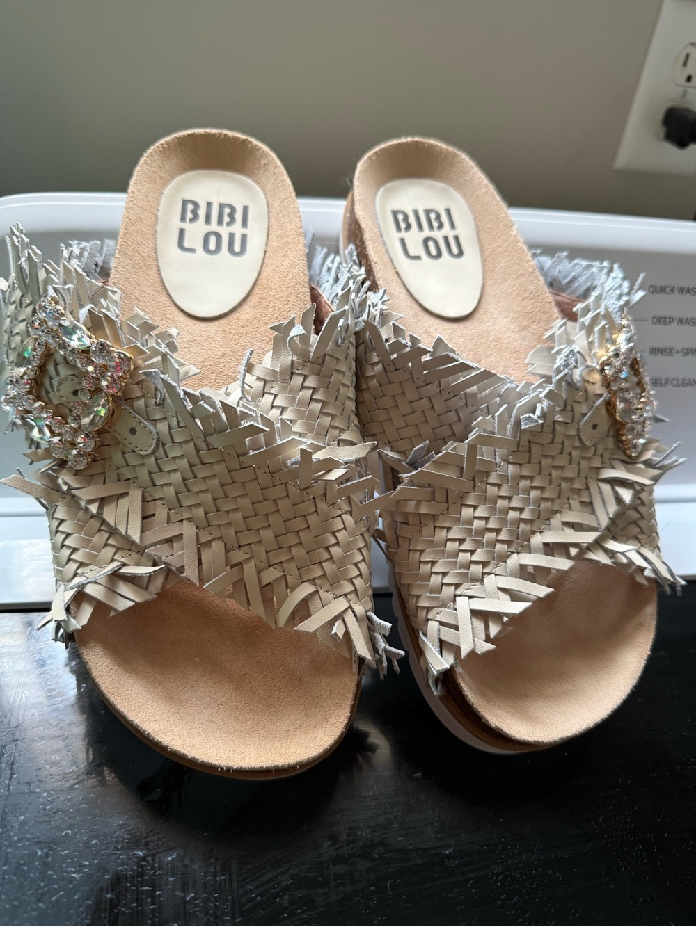 Nordstrom Bibi Lou Beige Woven Slide Mules with Crystal Brooch